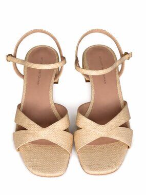 Stuart Weitzman Miami Sandal Natural Raffia Block Heel Size 7